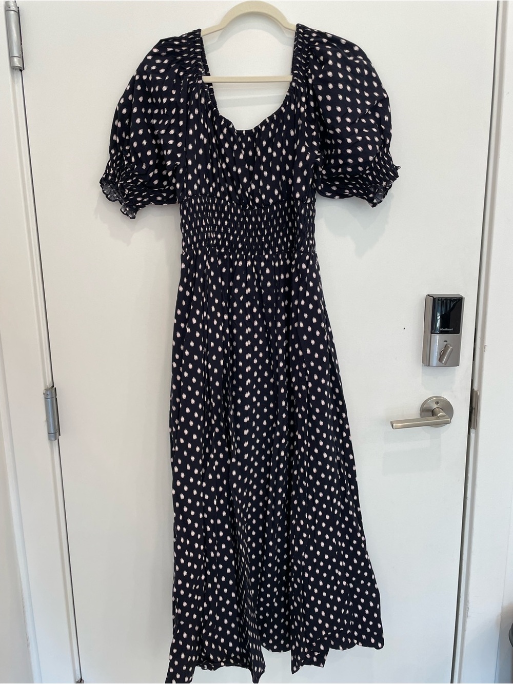 Women’s Madewell Navy Puff-Sleeve Polka Dot Midi Dress
